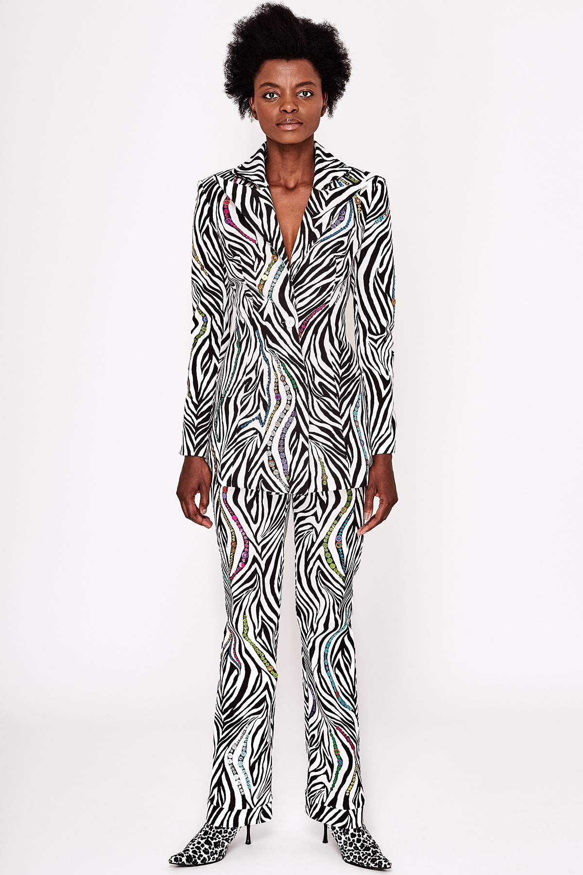 ZEBRA SUIT WITH COLORFUL MANUALLY SEWN SEQUINS - Barzoire